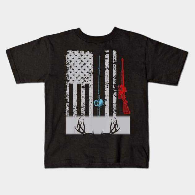 Fishing Rod Hunting Rifle American Flag Kids T-Shirt by wcfrance4